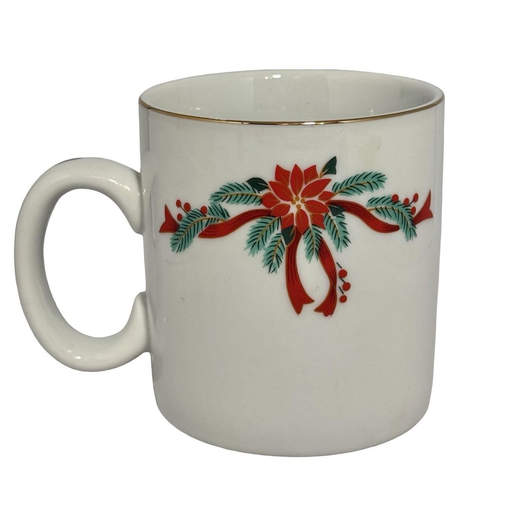 Poinsettia & Ribbons Christmas Coffee Mug Cup Gold Trim Holiday Floral Porcelain